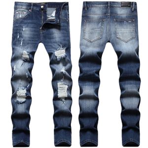 Jeans de hombre Jean europeo Hombre Carta Estrella AM Hombres Bordado Patchwork Rasgado Tendencia Marca Motocicleta Pantalón Hombre Flaco AM1171 # tamaño 28-42