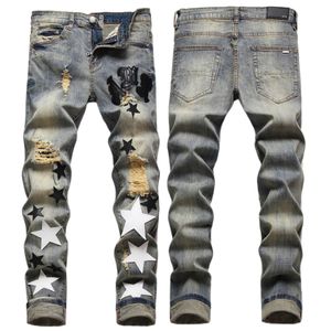 Heren jeans Europese Jean Hombre Letter Star Am Tiny Spot Men Borduurwerk laderijwerk Trend Brand Motorfiets Pant Mens Skinny AM3096# Maat 29-38