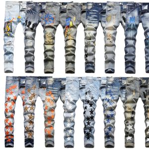 Herenjeans Europese Jean Hombre Letter Star AM kleine vlek Mannen Borduren Patchwork Ripped Trend Merk Motorbroek Heren Skinny AM3091 # maat 29-38