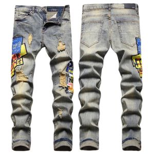 Jeans para hombres European Jean Hombre Letter Star AM Tiny Spot Hombres Bordado Patchwork Ripped Tendencia Marca Pantalón de motocicleta para hombre Flaco AM3172 # Tamaño 29-38