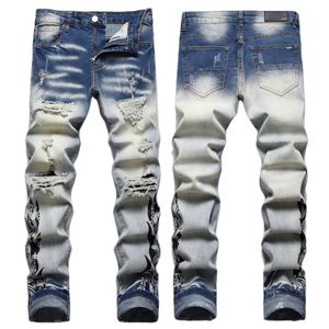 Jeans de hombre Jean Hombre europeo Carta Estrella AM punto pequeño Hombres Bordado Patchwork Ripped Trend Marca Motocicleta Pantalón Hombre Flaco AM3359 # tamaño 29-38