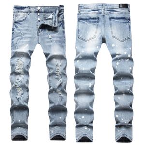 Jeans pour hommes Européen Jean Hombre Lettre Étoile AM petite tache Hommes Broderie Patchwork Déchiré Tendance Marque Moto Pantalon Hommes Maigre AM8821 # taille 30-44