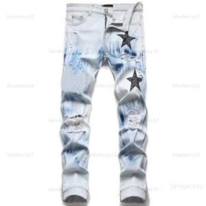 Jeans para hombres European Jean Hombre Letra Star Hombres Bordado Patchwork Ripped para Trend Brand Motorcycle Pant Mens Skinnyfhjd