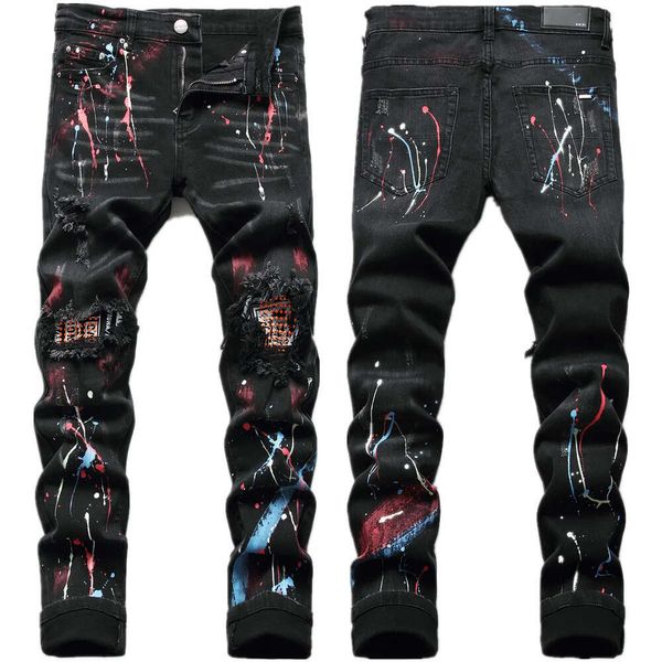 Jeans para hombres European Jean Hombre Letter Star Am Spot Tiny Men Bordado de bordado Racped Trend Brand Motorcycle Pant Mens Skinny AM3127#