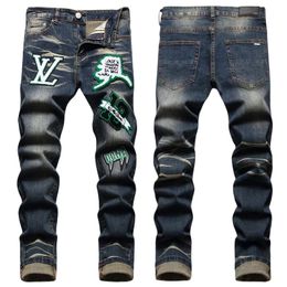 Jeans masculin européen lettre amiriiocn hommes broderie patchwork tendance marque pantalon de moto mens skinny déchiré am3173 taille 29-38