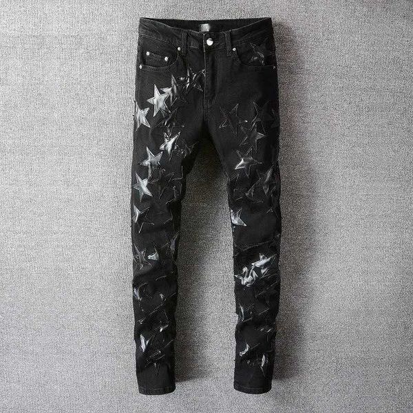 Jeans pour hommes Européen Mâle Noir Cuir Star Patchwork Trou Réparation High Street Homme Ripped Hommes Moto Pantalon Y2303