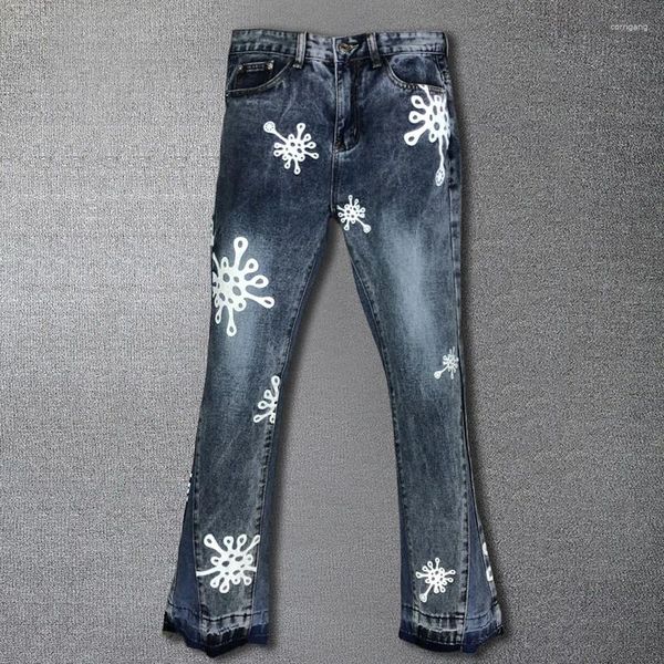 Jeans pour hommes imprimé européen patchwork élastique évasé 2024 hommes printemps bleu hombre hip hop punk tendances pantalons