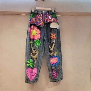 Jeans voor heren Europese straat Gepersonaliseerde jeans Dames Lente en zomer Kralen gescheurde jeans Hoge taille Losse rechte denim broek 231206