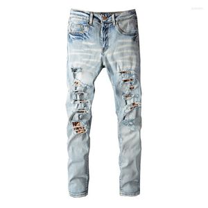 Jeans pour hommes Style européen Léopard Patchwork Mens Skinny Hole Streetwear Hip Hop Hommes Bootcut pour pantalon de moto