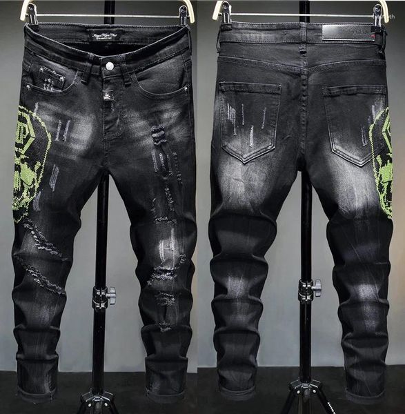 Jeans pour hommes Style européen Hommes Marque Hommes Slim Denim Pantalon Noir Crânes Droites Biker Trou Pantalon Pour