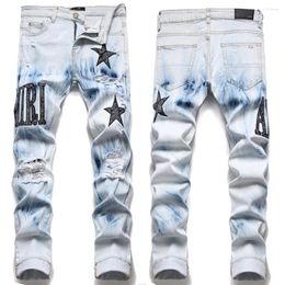 Europese Trend Jean Letter Star Jean Mannen Borduren Patchwork Gescheurde Jeans Trend Merk Motorbroek Heren Skinny Jeans