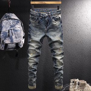 Heren Jeans Europese Vintage Mode Heren Retro Blauwe Elastische Slim Fit Gescheurd Borduurwerk Designer Casual Denim Potlood Broek