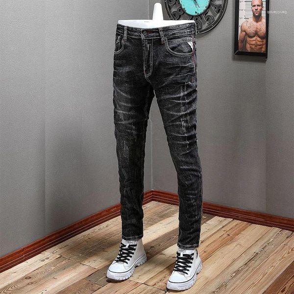 Jeans pour hommes Vintage européen Mode Hommes Rétro Noir Gris Élastique Slim Fit Ripped Scratch Designer Casual Denim Crayon Pantalon