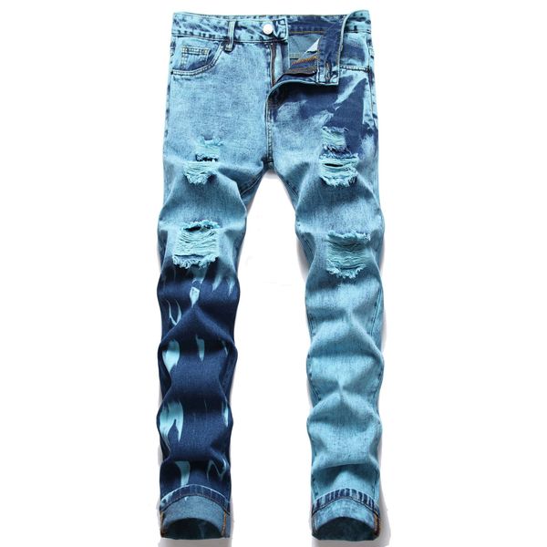 Jeans para hombres Fábrica High Street Fuerte Elástico Rodilla angustiada Pantalones de mezclilla rasgados Flacos Apilados Moda Casual247V