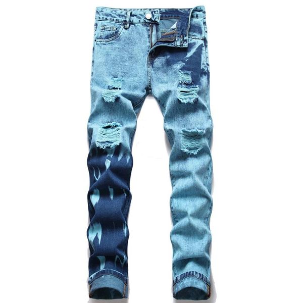 Jeans pour hommes usine haute rue forte extensible en détresse genou déchiré denim pantalon maigre empilé mode casual243v