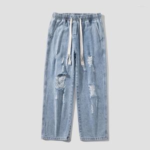 Jeans pour hommes fabriqués en usine, marque de mode droite avec trous et pantalons amples à jambes larges. Été mince pour