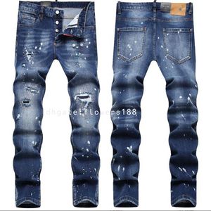 Jeans masculins automne 2024 New Trade Trade Foreign Men's Jeans Ripped Trendy LaQuered Slim Fit Mid-Rise Pantal