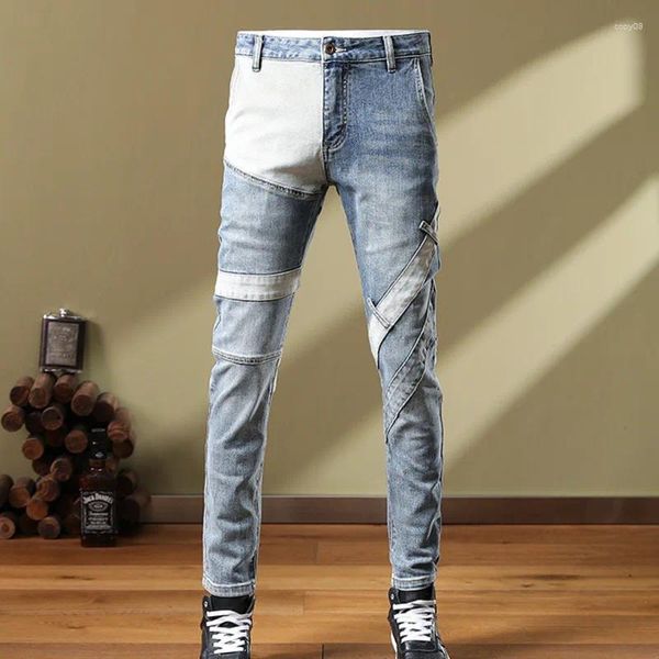 Jeans pour hommes Automne Bleu Blanc Contraste Couleur Couture Design Slim Fit Stretch Jean Hip Hop Style Pantalon pour hommes Pantalon Vaquero Hombre