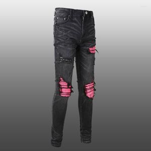 Jeans pour hommes Automne Rouge Patchwork Stacked Personality 2023 High Street Men Blue Ripped Patch Slim