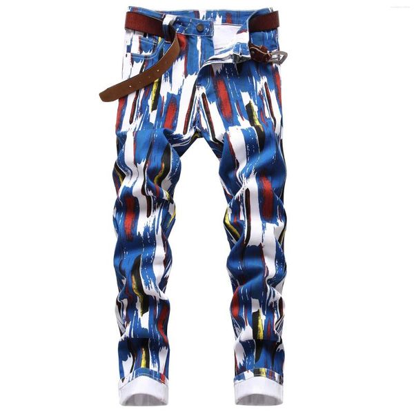 Jeans pour hommes mode motif 3D Slim Skinny imprimé bleu blanc Stretch Denim pantalon adolescents sur fleurs pantalon quatre saisons