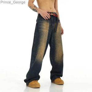 Jeans pour hommes Mode américaine rétro jaune boue jambe droite jeans hommes printemps et automne Y2K rue lâche hip hop jambe droite jambe large jeansL2403