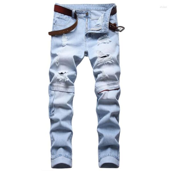 Jeans pour hommes mode motard en détresse déchiré Hip Hop droite coupe ajustée trous Punk Denim coton pantalon genou fermeture éclair décorer