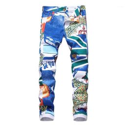 Menans Jeans modemerk 3D -patroon slanke mager gedrukt blauw witte stretch denim broek tieners over bloemen216G