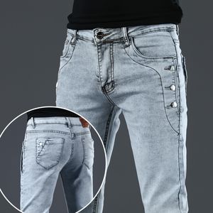 Jeans masculin mode marque Bouton Pocket Men Stretch décontracté mince skinny coton bleu bleu gris foncé pantalon denim masculin 220923