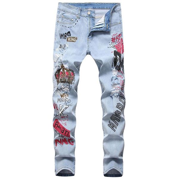 Hommes Jeans Marque De Mode Pour Hommes Déchiré Trou Graffiti Pantalon Slim Pantalon Hommes Denim Stretch Couronne Bleu Clair Noir DYL027Men's