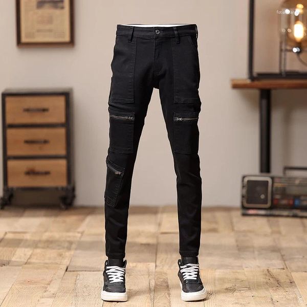 Pantalones vaqueros para hombre, marca de moda, diseño de costura Irregular, ropa de calle, pantalones lápiz elásticos, pantalones de tendencia de estilo americano