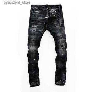 Jeans pour hommes mode marque hommes jean Biker Moto concepteur Patchwork mince Denim pantalon mâle pantalon décontracté fermeture éclair trou noir DSQ jean pour hommes L240313