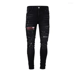 Jeans pour hommes Marque de mode Streetwear Skinny Wash Coton Déchiré Rouge Patch Pantalon Style Punk Noir Stretch Slim Fit Pantalon