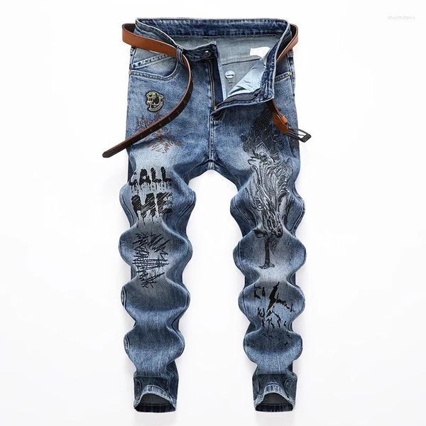 Jeans para hombres Moda Calaveras clásicas Cremallera Pantalones de mezclilla Alta calidad casual para