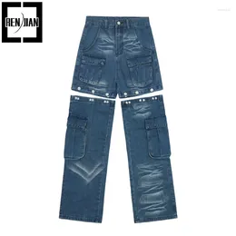 Herenjeans Fashion Design Oversized Y2K Baggy Cargo-denimbroek met afneembare zakken aan de onderkant, kan zo kort worden gedragen