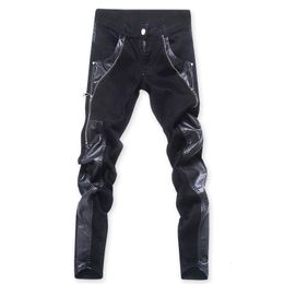 Jeans pour hommes créateur de mode noir fermeture éclair moto pantalon en cuir coréen mince maigre épissure Denim 230330