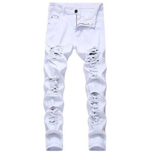 Menans jeans modeontwerper casual wit zwart gescheurd voor mannen recht slanke fit denim broek man man joggen groot formaat Q240427