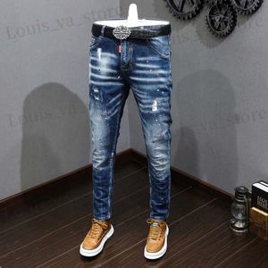 Designer de mode masculin en jeans jeans hommes rétro bleu slim slim fit peint jean déchiré de style coréen de style coréen vintage pantalon denim décontracté vintage t240409