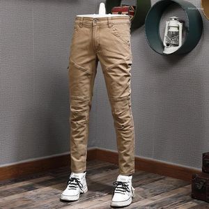 Herenjeans Modeontwerper Heren Kaki Gesplitste Stretch Slim Fit Denim Cargobroek Hombre Hiphop Elastische Broek Overalls