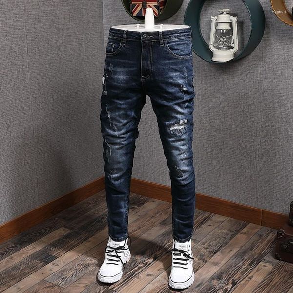 Jeans de jeans para hombres diseñador de moda Hombres retro azul oscuro elástico elástico delgado rasgón coreano lápiz de mezclilla vintage de mezclilla hombre