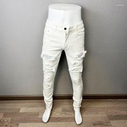 Hommes Jeans Fashion Designer Hommes Blanc Couleur Stretch Élastique Slim Fit Déchiré Streetwear Patché Hip Hop Marque Pantalon Hombre