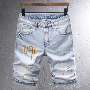 Jeans pour hommes Designer de mode Court Hommes Rétro Bleu Clair Stretch Slim Fit Ripped Imprimé Peint Hip Hop Denim Shorts