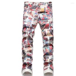 Jeans masculin mode numérique imprimé slim droit pantalon denim floral droit streetwear jeunesse extensible pantalon décontracté petit pieds