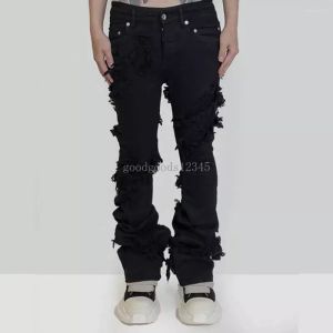 Jeans masculin mode évasé des hommes en détresse en détresse pantalon noir de jean long rubans tendance