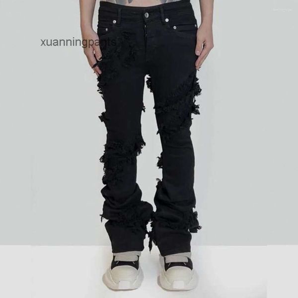 Jeans pour hommes mode évasée déchirée en détresse streetwear noir longs rubans