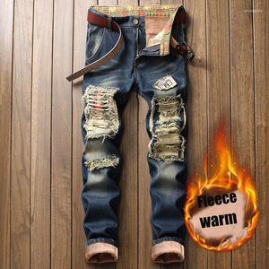 Jeans pour hommes Mode Polaire Chaud Hommes Automne Hiver Patchwork Ripped Straight Denim Pantalon Rétro Épais Hip Hop Pantalons décontractés