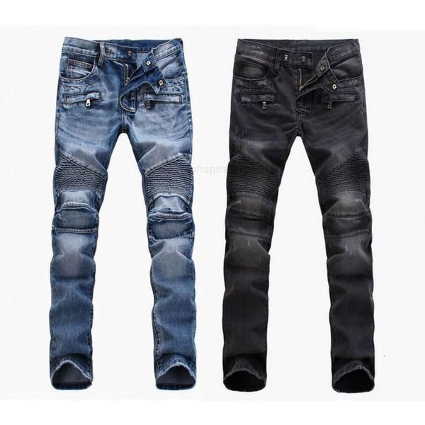 Jeans pour hommes Mode Commerce extérieur Bleu clair Jeans noirs Pantalons Moto Biker Hommes Laver pour faire le vieux pli Pantalon Runway Denim