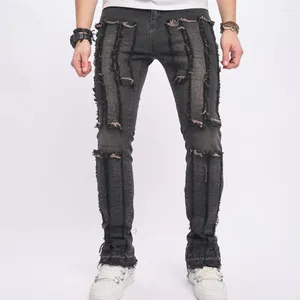 Jeans pour hommes Mode High Street Hip Hop Pantalon Streetwear Déchiré Flare Denim Pantalon avec Patchwork Skinny Fit Bottoms