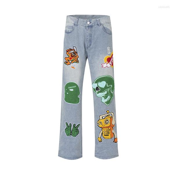 Jeans pour hommes mode High Street Vibe Style Hip Hop pantalon avec drôle fourrure broderie Streetwear Harajuku Y2K Denim pantalon coupe ample