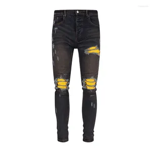 Heren jeans mode hiphop stretch dunne streetwear gescheurde gele patch denim broek hoge kwaliteit wasbare katoenen broek