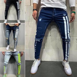 Jeans pour hommes mode Hip Hop travail pantalon Slim imprimé motard déchiré hommes trou lavage maigre rayé fermeture éclair européen grande taille